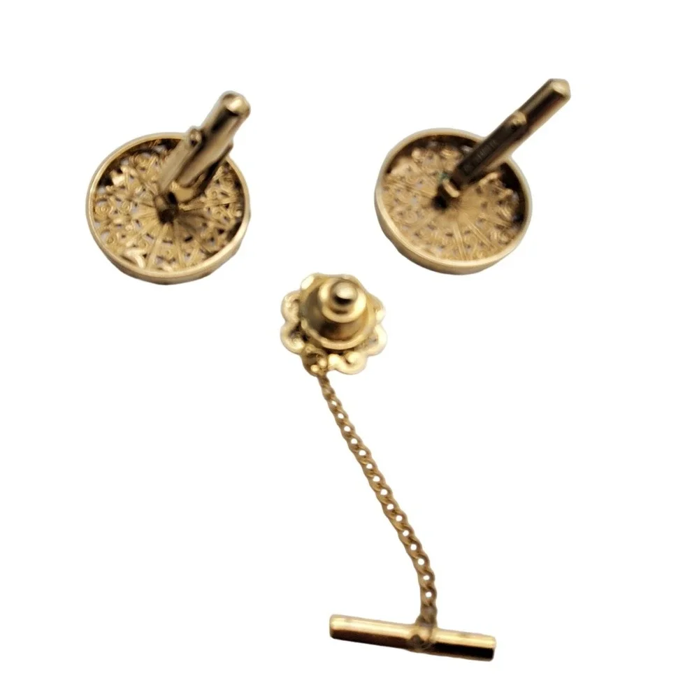 Destino Filigree Cufflinks & Tie Tac Gold‎ Tone Pin Tack Round Open Work Vintage